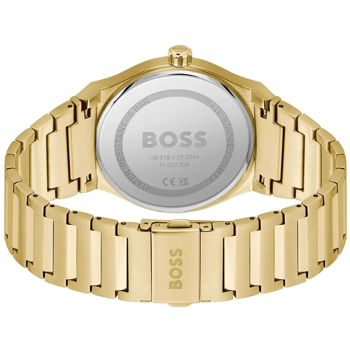 Engraved stainless steel case back of the Hugo Boss Candor 1514077 watch.