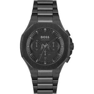 Authentic real-life photo of Boss Taper 1514088 showing the all-black integrated bracelet and octagonal case from Luxury Hub Store