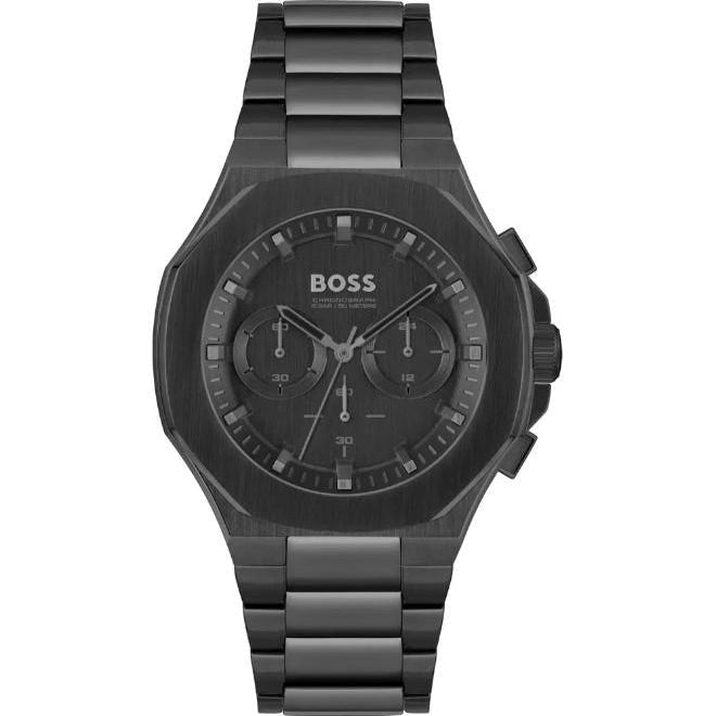 Authentic real-life photo of Boss Taper 1514088 showing the all-black integrated bracelet and octagonal case from Luxury Hub Store
