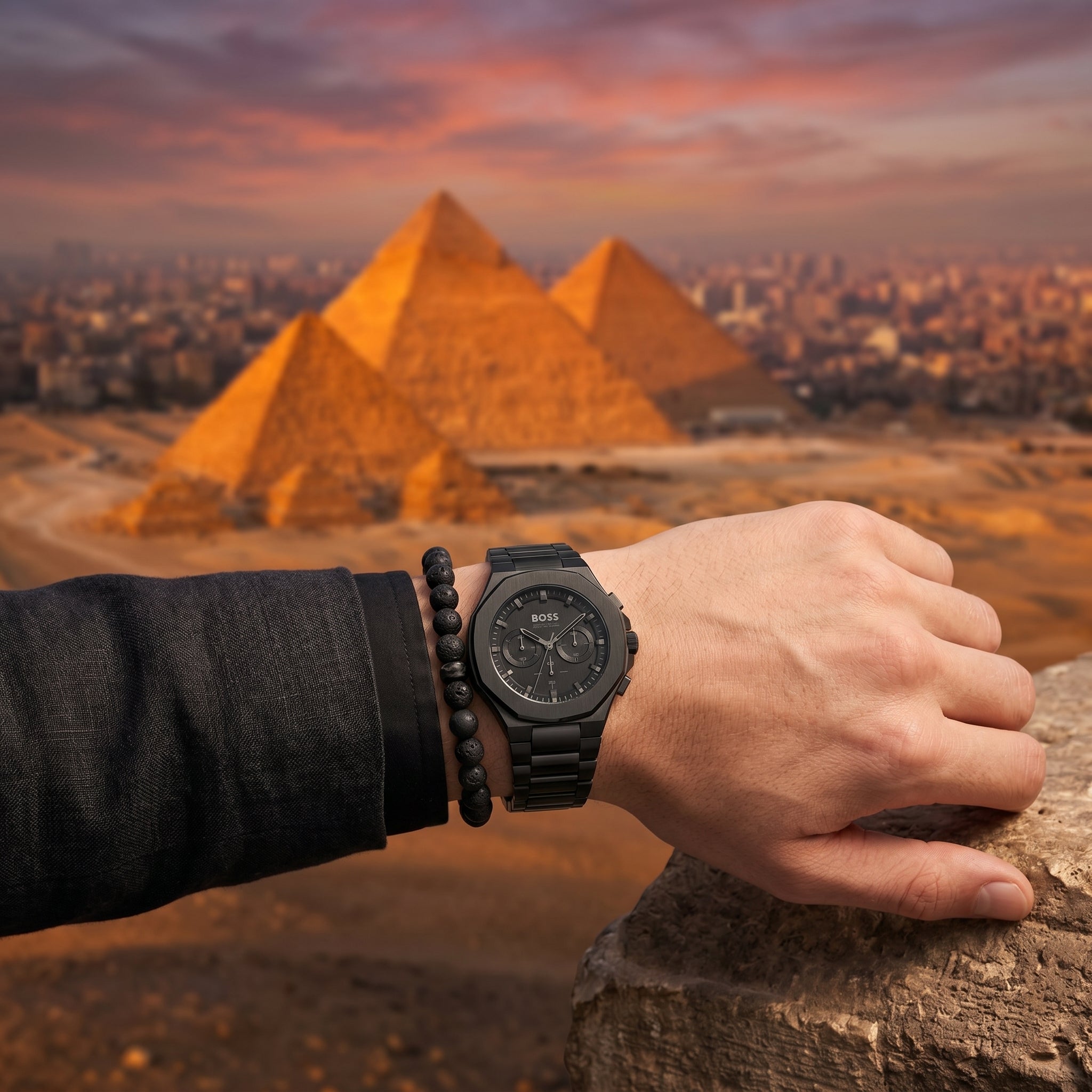 Lifestyle photo of Boss Taper 1514088 showing the bold black watch on a man's wrist in a modern setting from Luxury Hub Store