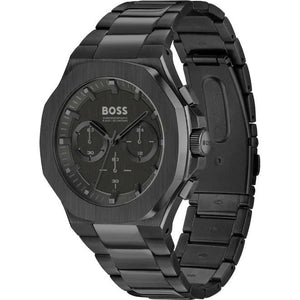 Angled real-life photo of Boss Taper 1514088 showing the texture of the black octagonal bezel, crown, and pushers from Luxury Hub Store