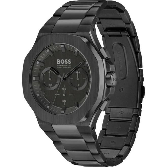 Angled real-life photo of Boss Taper 1514088 showing the texture of the black octagonal bezel, crown, and pushers from Luxury Hub Store