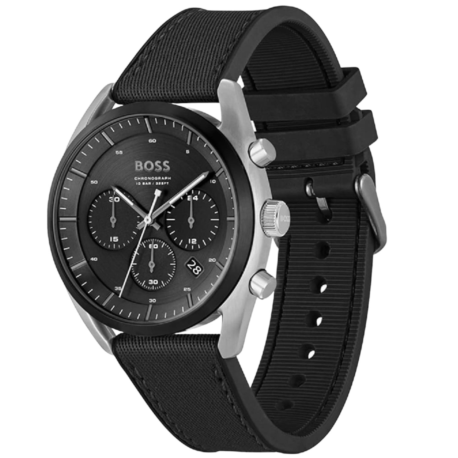 Right angled view of Hugo Boss Top 1514091 highlighting black dial and black case 100m water resistance