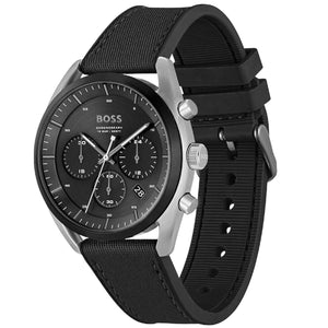 Right angled view of Hugo Boss Top 1514091 highlighting black dial and black case 100m water resistance