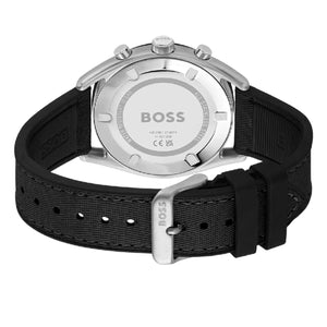 Caseback of Hugo Boss Top 1514091 showing technical specs (10 BAR / 328FT) and hybrid black strap 100m water resistance