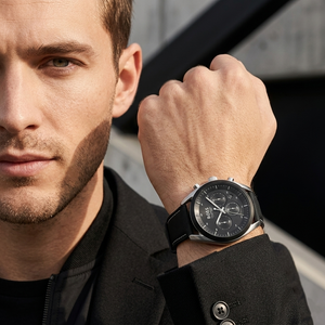 Professional man wearing Hugo Boss Top 1514091 with black dial and hybrid rubber textile strap water resistant 100m