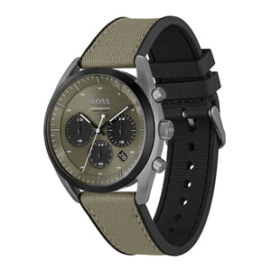 Left angled view of Hugo Boss Top 1514092 showing olive green sunray dial detail and canvas strap water resistant 100m
