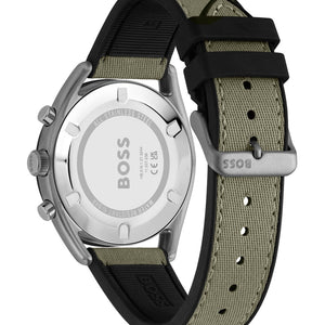 Caseback of Hugo Boss Top 1514092 showing technical specs (10 BAR / 328FT) and grey metal finish 100m water resistance