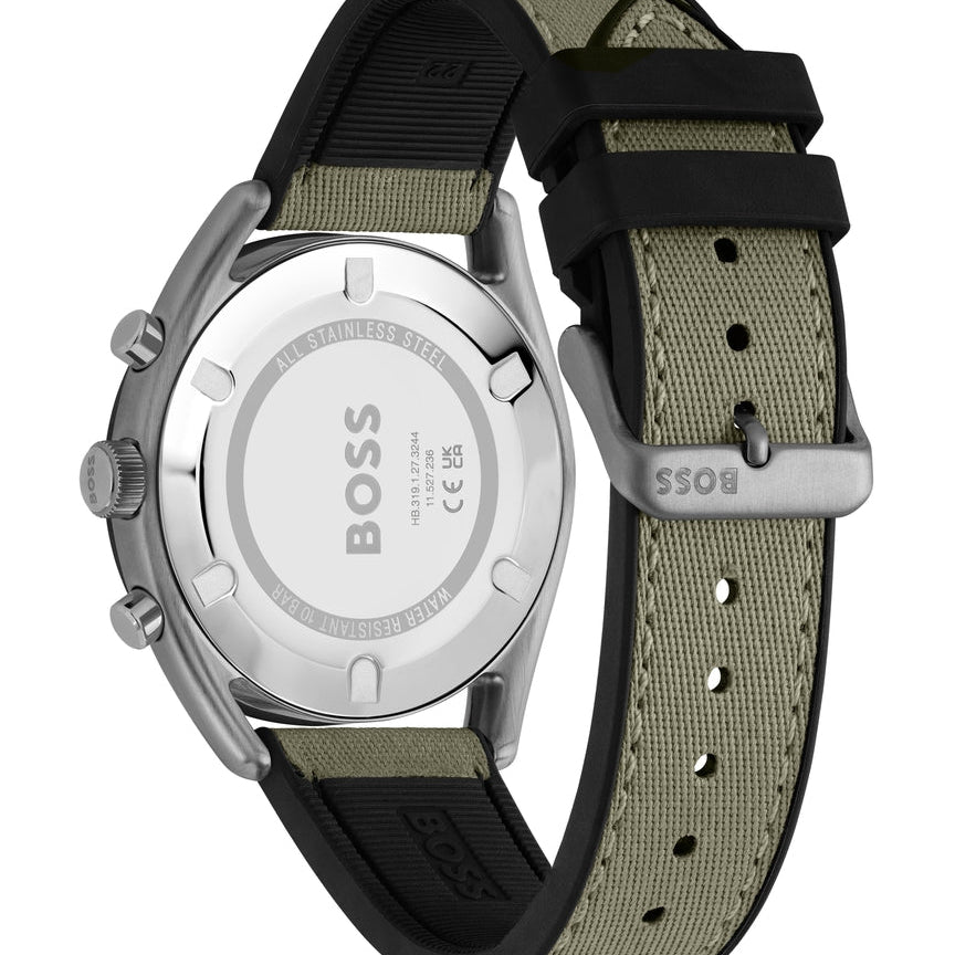 Caseback of Hugo Boss Top 1514092 showing technical specs (10 BAR / 328FT) and grey metal finish 100m water resistance