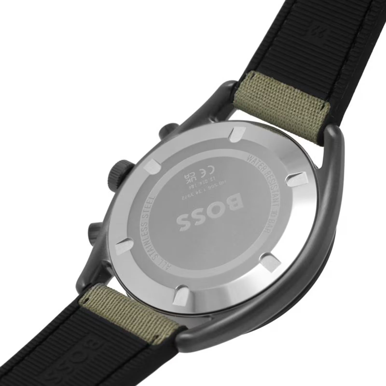 Caseback of Hugo Boss Top 1514092 showing technical specs (10 BAR / 328FT) and grey metal finish 100m water resistance