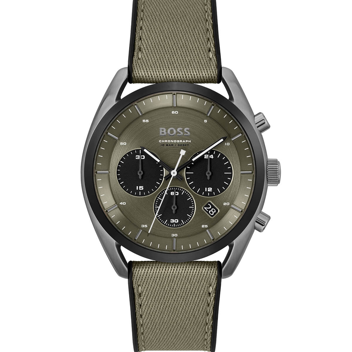 Hugo Boss Top 1514092 men's watch with olive green sunray dial, grey ion-plated case, olive green canvas strap, and 100m water resistance main view