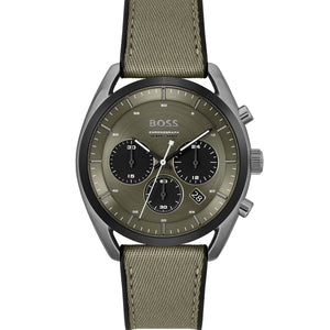 Hugo Boss Top 1514092 men's watch with olive green sunray dial, grey ion-plated case, olive green canvas strap, and 100m water resistance main view