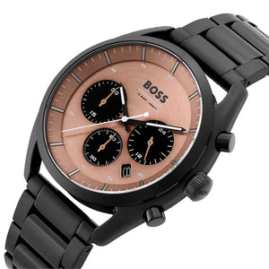 Right angled view of Hugo Boss Top 1514095 highlighting rose gold dial and black case 100m water resistance