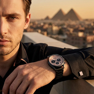 Professional man wearing Hugo Boss Top 1514095 with rose gold dial and black metal link strap water resistant 100m