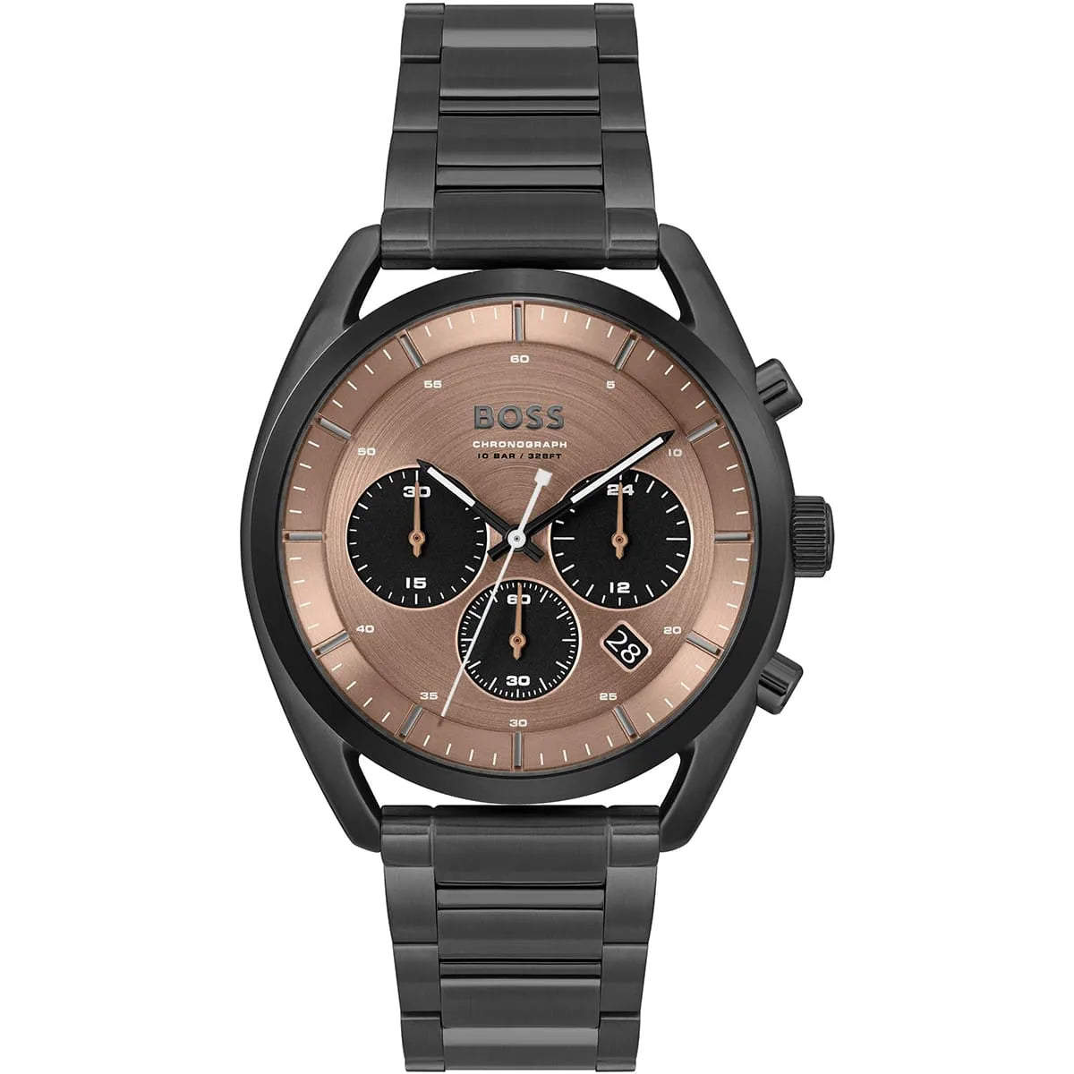 Hugo Boss Top 1514095 men's watch with rose gold dial, black ion-plated metal link strap, and 100m water resistance main view