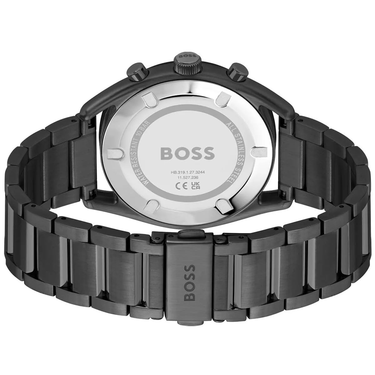 Caseback of Hugo Boss Top 1514095 showing technical specs (10 BAR / 328FT) and black metal strap 100m water resistance
