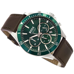 Right angled view of Hugo Boss Troper 1514098 highlighting green dial and silver case 50m water resistance
