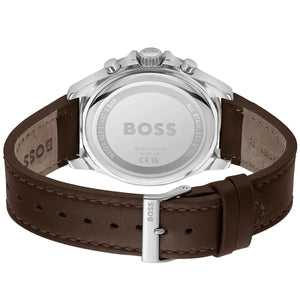 Caseback of Hugo Boss Troper 1514098 showing technical specs green dial and brown leather strap 50m water resistant