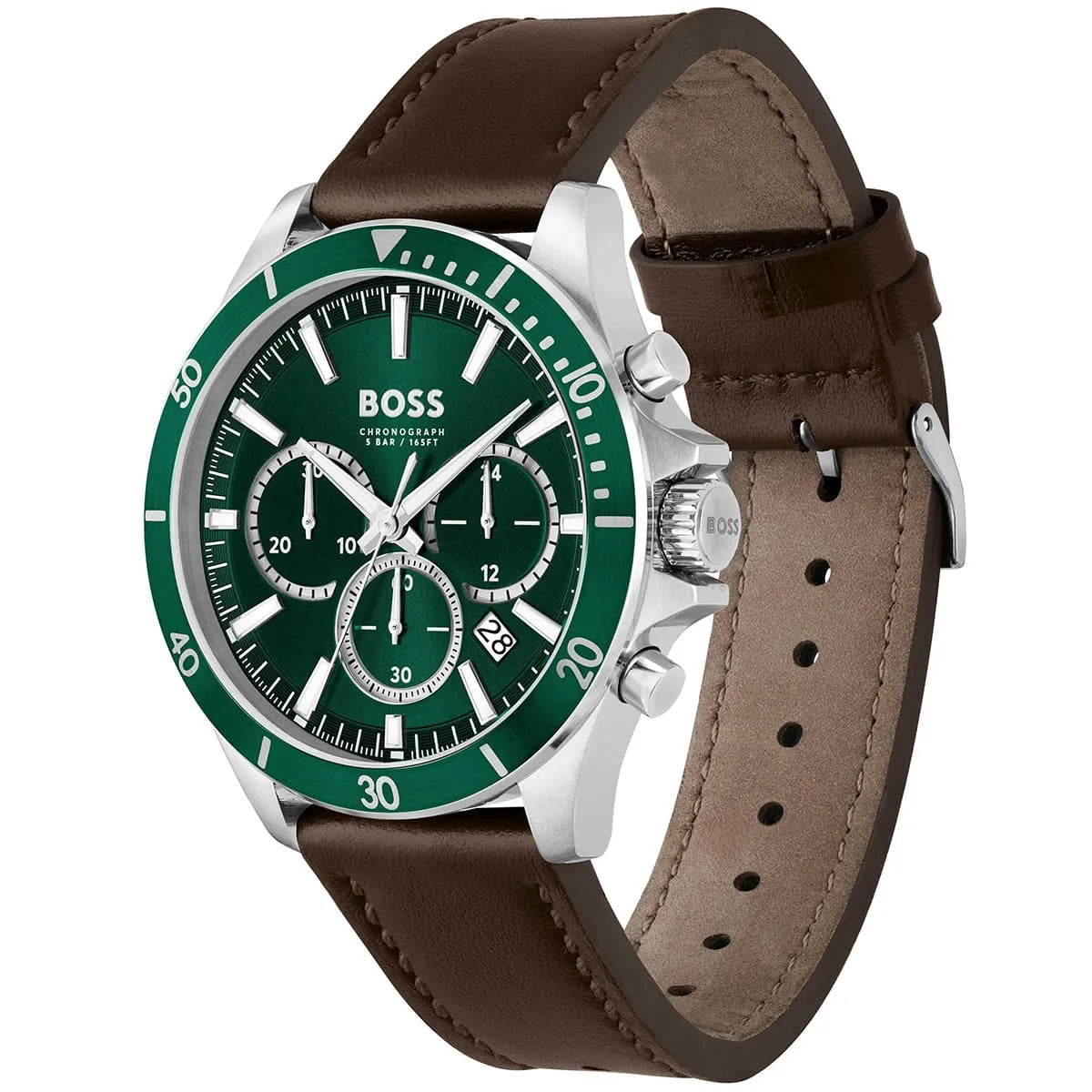 Detailed view of silver crown on Hugo Boss Troper 1514098 with green dial and brown leather strap 50m water resistant
