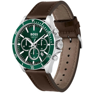 Detailed view of silver crown on Hugo Boss Troper 1514098 with green dial and brown leather strap 50m water resistant