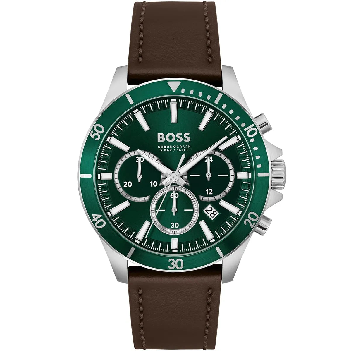 Hugo Boss Troper 1514098 men's watch with green dial, brown leather strap, and 50m water resistance main view