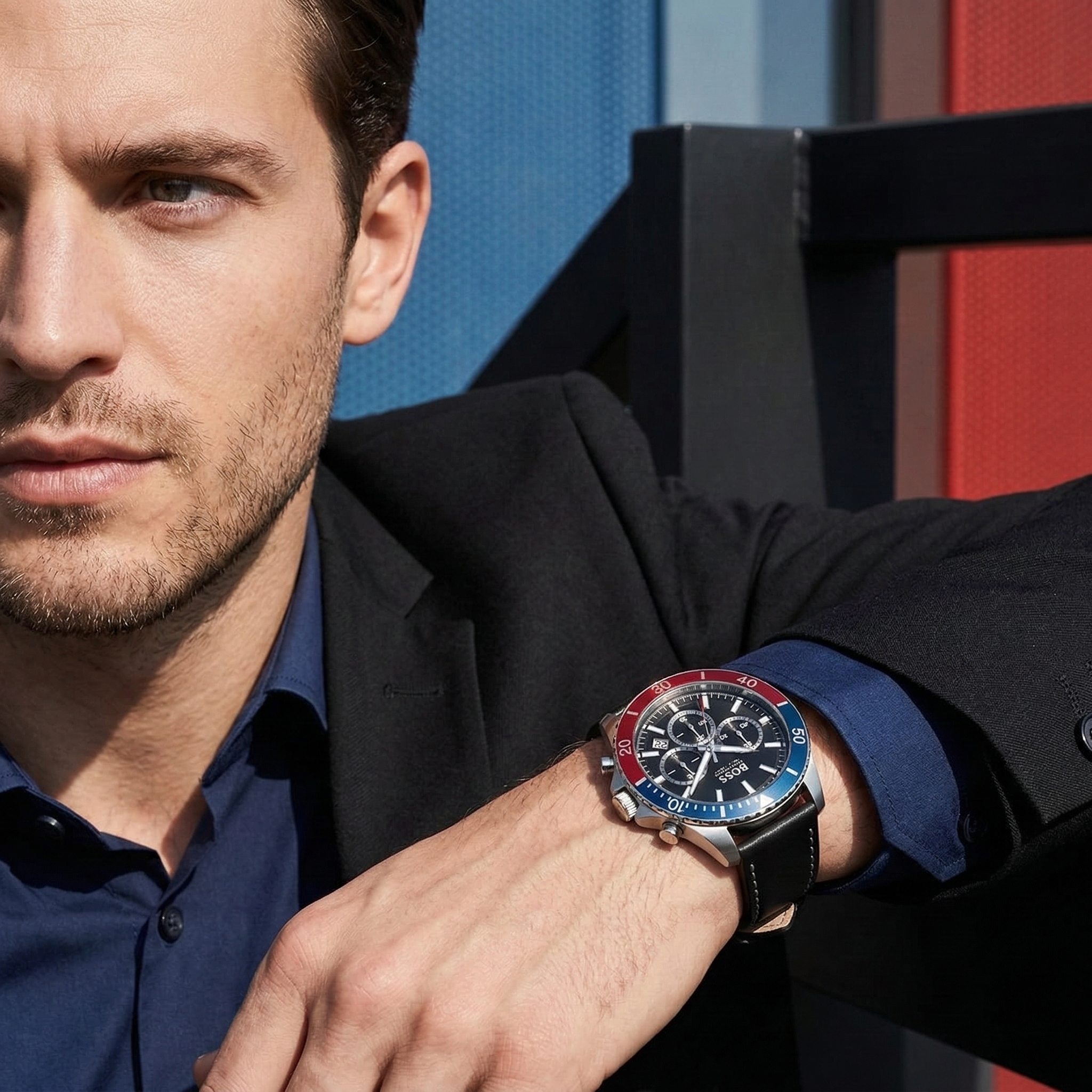 Professional man wearing Hugo Boss Troper 1514099 with black dial and black leather strap water resistant 50m