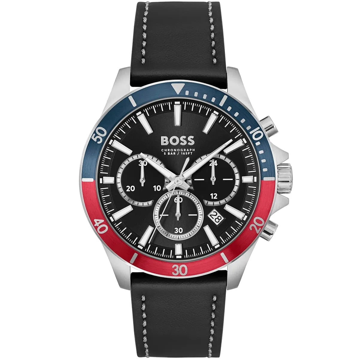Hugo Boss Troper 1514099 men's watch with black dial, blue and red pepsi bezel, black leather strap, and 50m water resistance main view