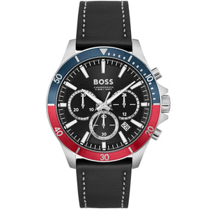 Hugo Boss Troper 1514099 men's watch with black dial, blue and red pepsi bezel, black leather strap, and 50m water resistance main view