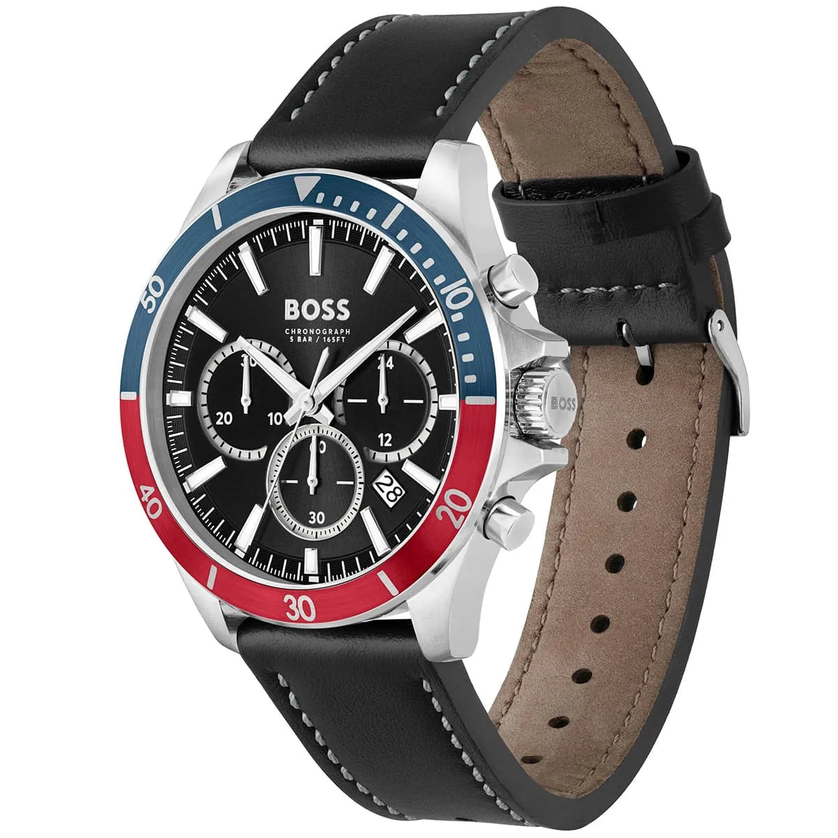 Left angled view of Hugo Boss Troper 1514099 showing black sunray dial detail and leather strap water resistant 50m