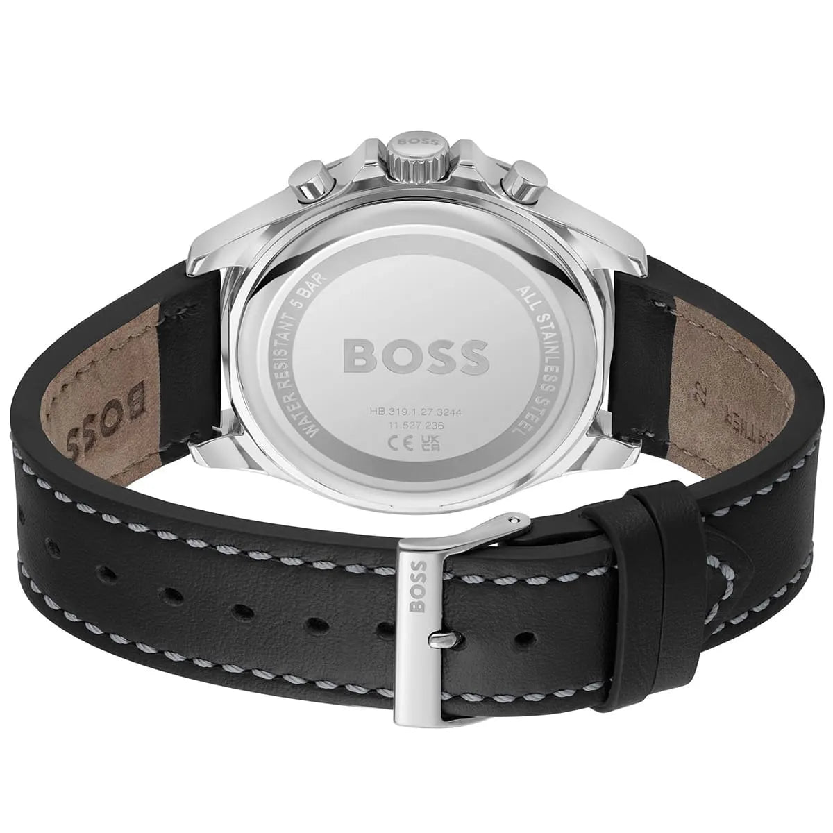 Caseback of Hugo Boss Troper 1514099 showing technical specs (5 BAR / 165FT) black dial and leather strap 50m water resistance