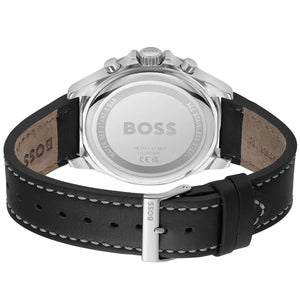 Caseback of Hugo Boss Troper 1514099 showing technical specs (5 BAR / 165FT) black dial and leather strap 50m water resistance