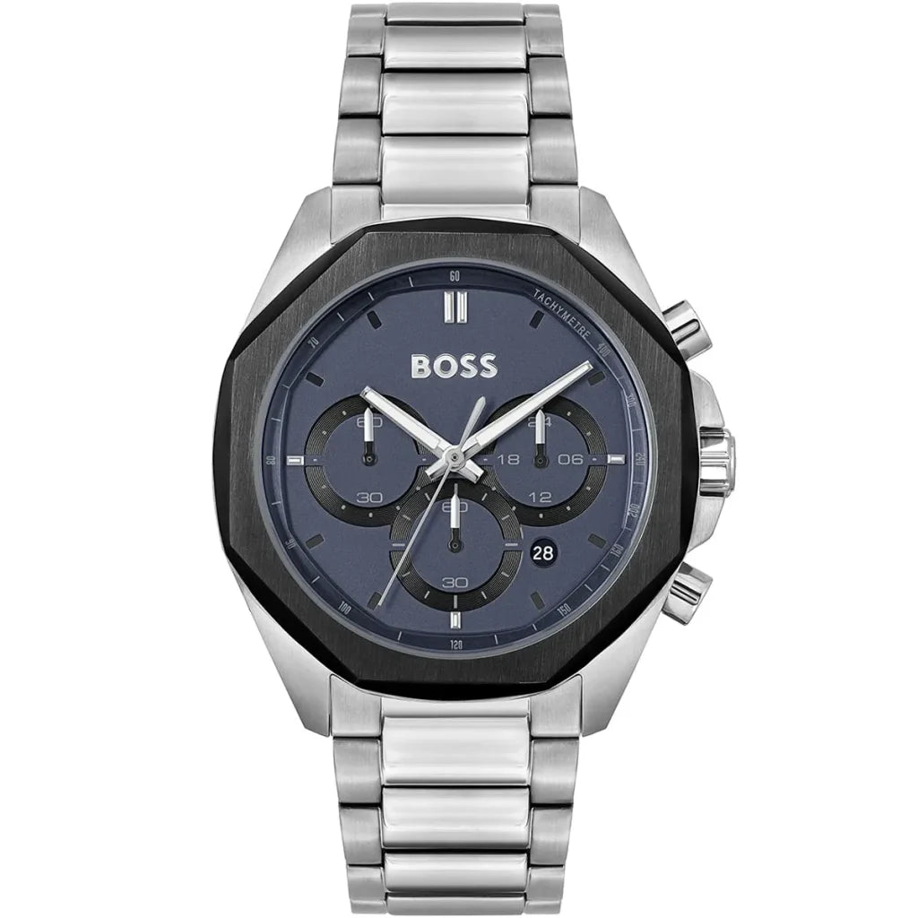 Hugo Boss Cloud 1514015 men's chronograph watch with silver case, black octagonal bezel, and navy blue dial