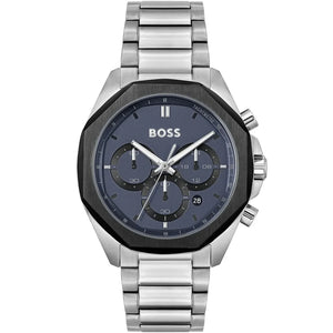 Hugo Boss Cloud 1514015 men's chronograph watch with silver case, black octagonal bezel, and navy blue dial