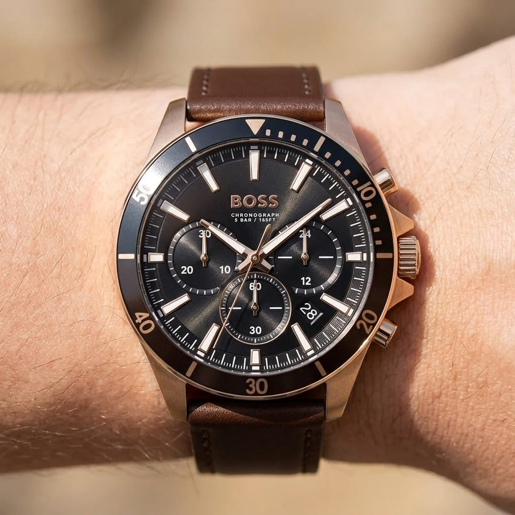 Live wrist shot of Hugo Boss Troper 1514100 men's watch.