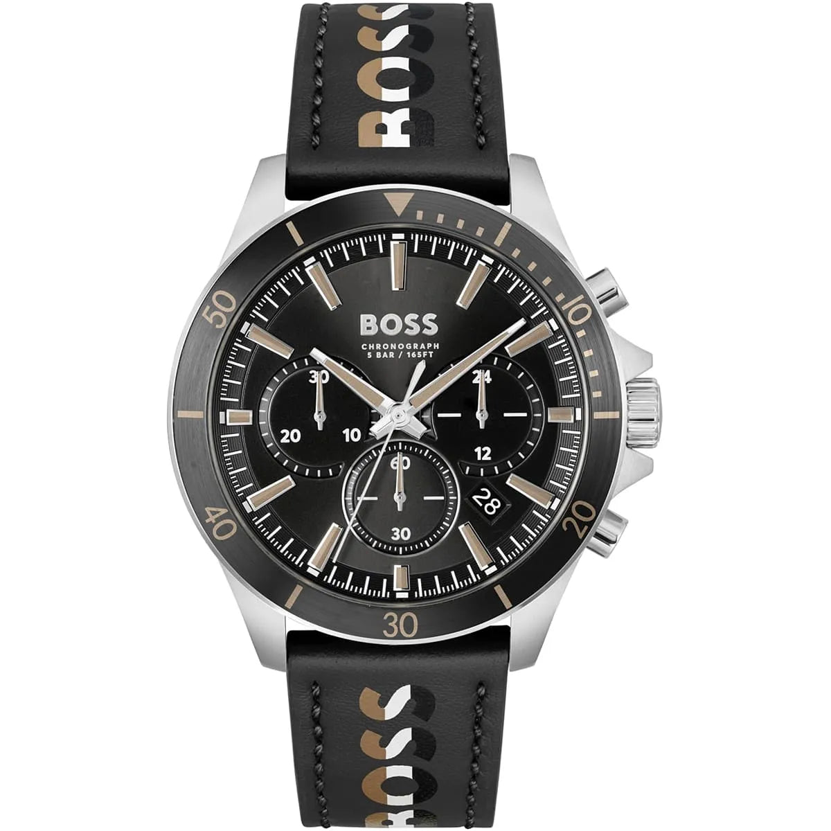Hugo Boss Troper 1514121 men's watch with black dial, black leather strap, and 50m water resistance main view