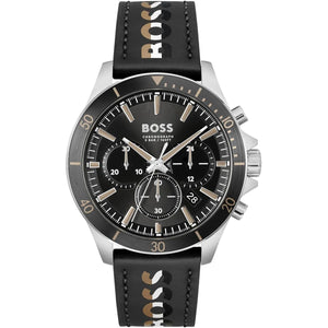 Hugo Boss Troper 1514121 men's watch with black dial, black leather strap, and 50m water resistance main view