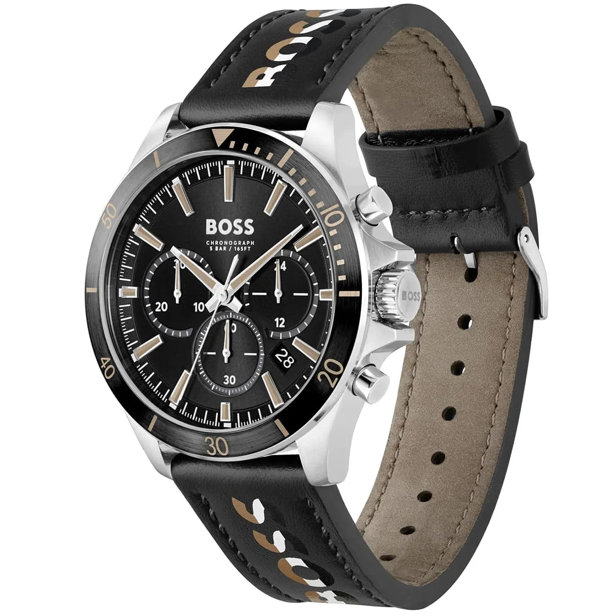 Right angled view of Hugo Boss Troper 1514121 highlighting black dial and black ion-plated case 50m water resistance