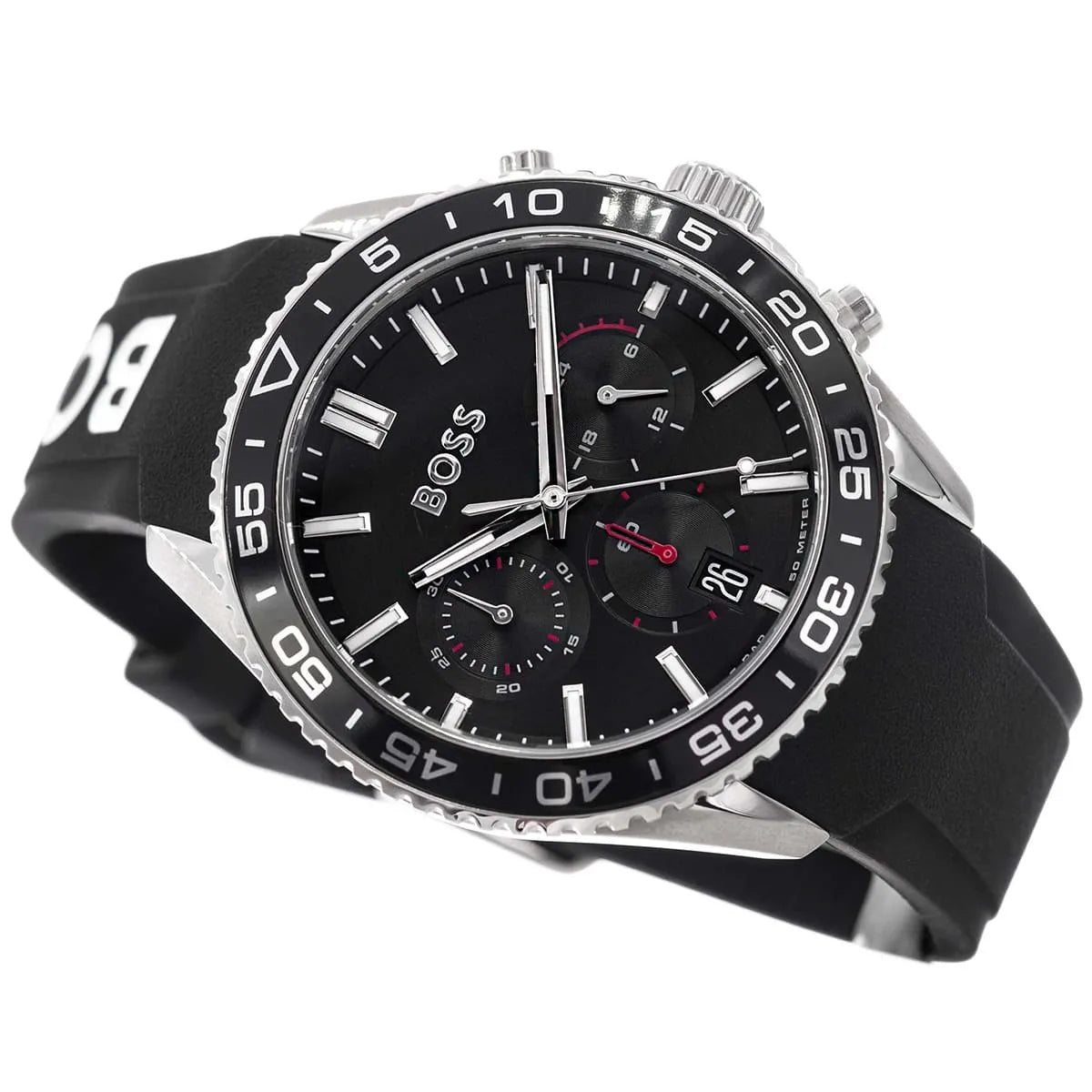 Left angled view of Hugo Boss Runner 1514141 showing black dial detail and black strap water resistant 50m