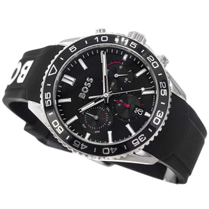 Left angled view of Hugo Boss Runner 1514141 showing black dial detail and black strap water resistant 50m