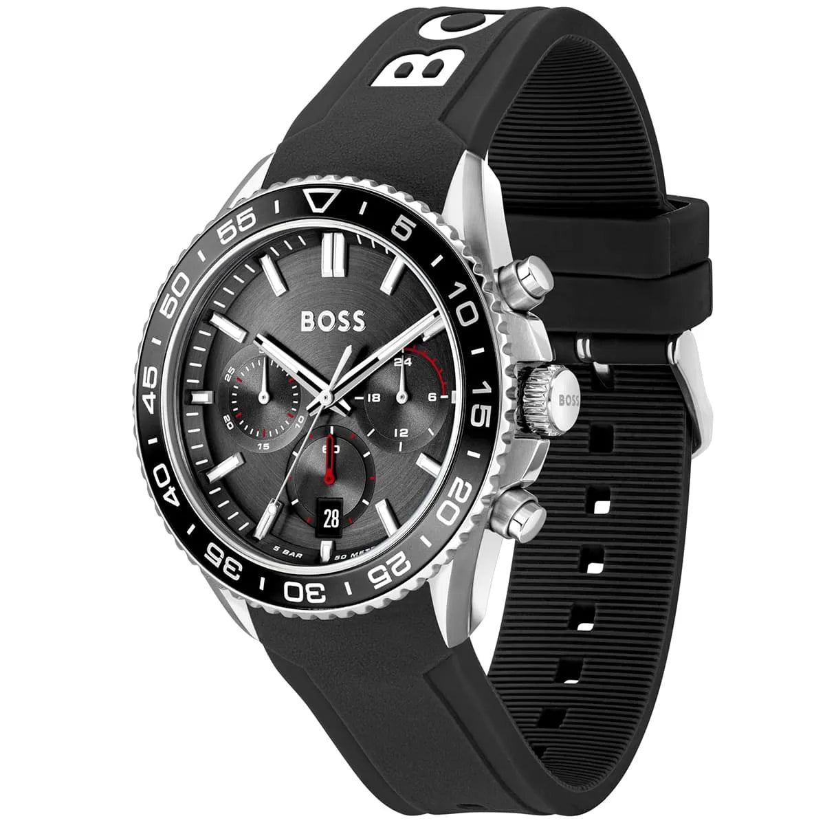 Right angled view of Hugo Boss Runner 1514141 highlighting black dial and black rubber strap 50m water resistance