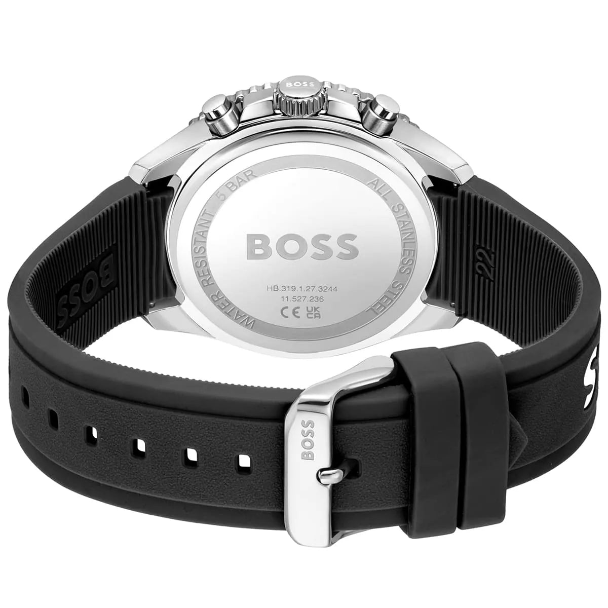 Caseback of Hugo Boss Runner 1514141 showing technical specs black dial and black rubber strap 50m water resistant