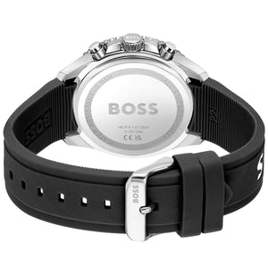 Caseback of Hugo Boss Runner 1514141 showing technical specs black dial and black rubber strap 50m water resistant
