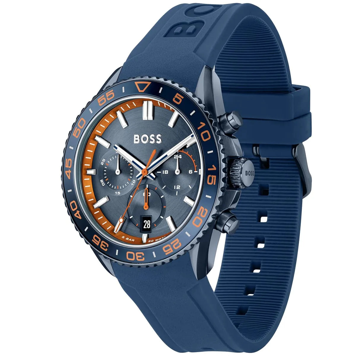 Right angled view of Hugo Boss Volane 1514142 highlighting blue dial and blue rubber strap 50m water resistance