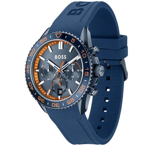 Right angled view of Hugo Boss Volane 1514142 highlighting blue dial and blue rubber strap 50m water resistance