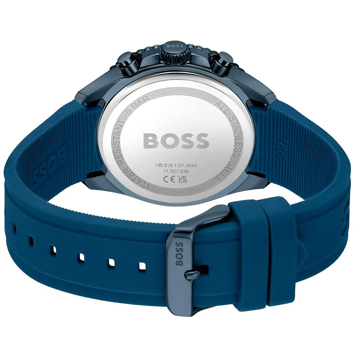 Caseback of Hugo Boss Volane 1514142 showing technical specs blue dial and blue rubber strap 50m water resistant