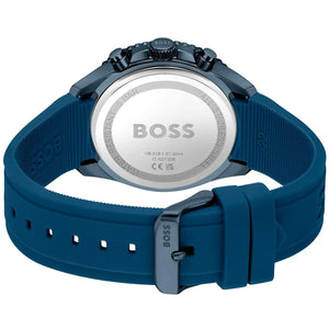 Caseback of Hugo Boss Volane 1514142 showing technical specs blue dial and blue rubber strap 50m water resistant