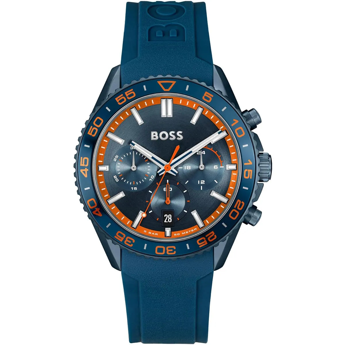 Hugo Boss Volane 1514142 men's watch with blue dial, blue rubber strap, and 50m water resistance main view