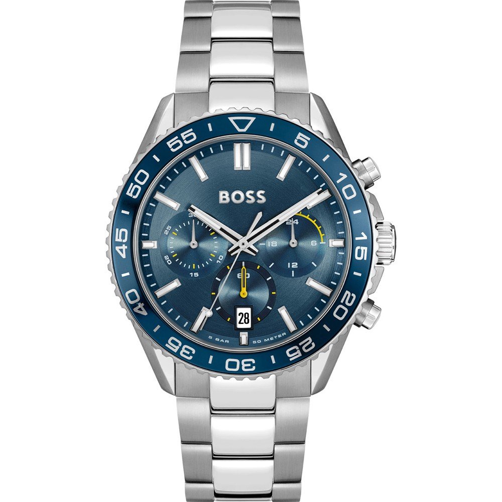 Hugo Boss Skymaster 1514143 men's chronograph watch with silver case, blue bezel, blue dial, and silver link bracelet