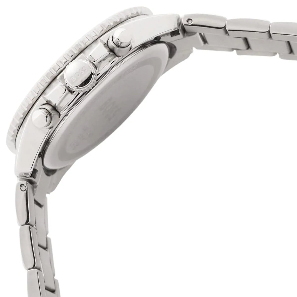 Left side perspective showing the blue dial markings and high-contrast sub-dials of the Hugo Boss 1514143