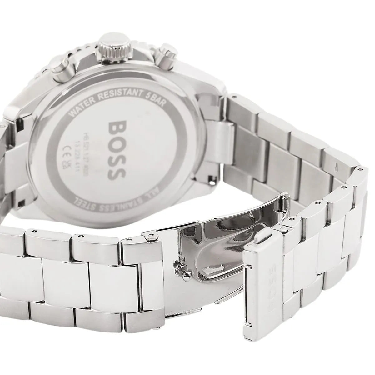 Silver stainless steel deployment clasp with Hugo Boss logo on the metal link bracelet of the 1514143